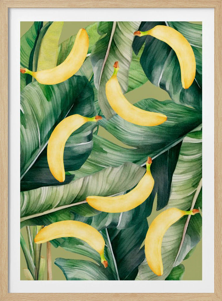 Verse banaan en weelderige tropische bladeren esthetisch patroon - natuurlijk aquarelontwerp | Poster