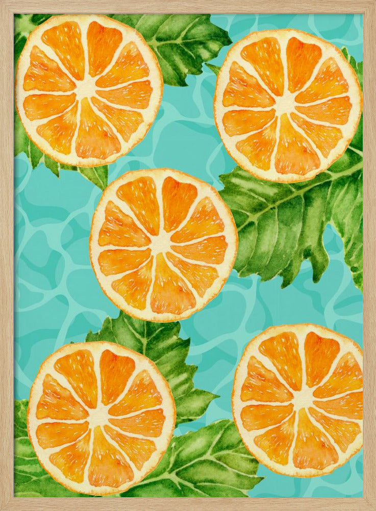 Levendig esthetisch patroon van sinaasappelschijfjes en bladeren - Verfrissende zomerse aquarel | Poster