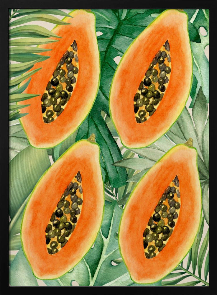 Exotische papaja en weelderige groene bladeren esthetisch patroon - Tropische botanische aquarel | Poster