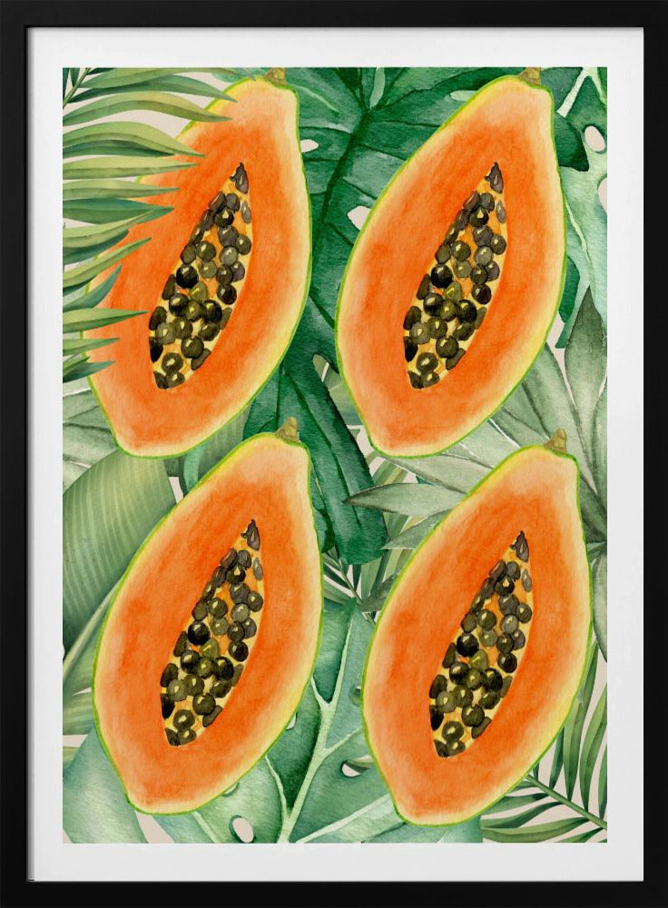 Exotische papaja en weelderige groene bladeren esthetisch patroon - Tropische botanische aquarel | Poster