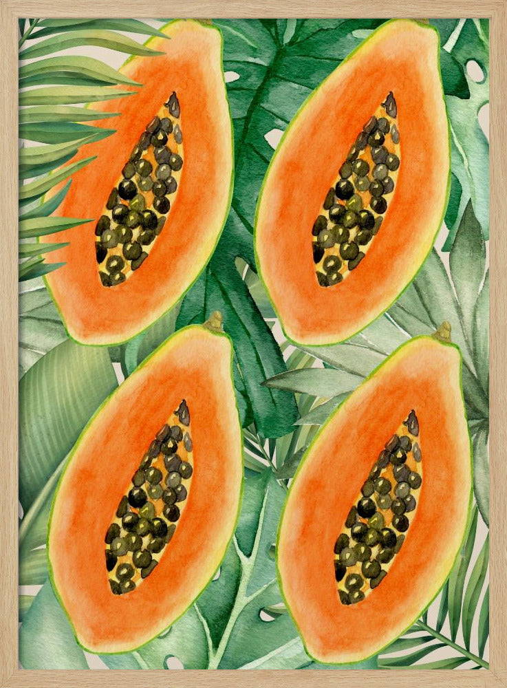 Exotische papaja en weelderige groene bladeren esthetisch patroon - Tropische botanische aquarel | Poster