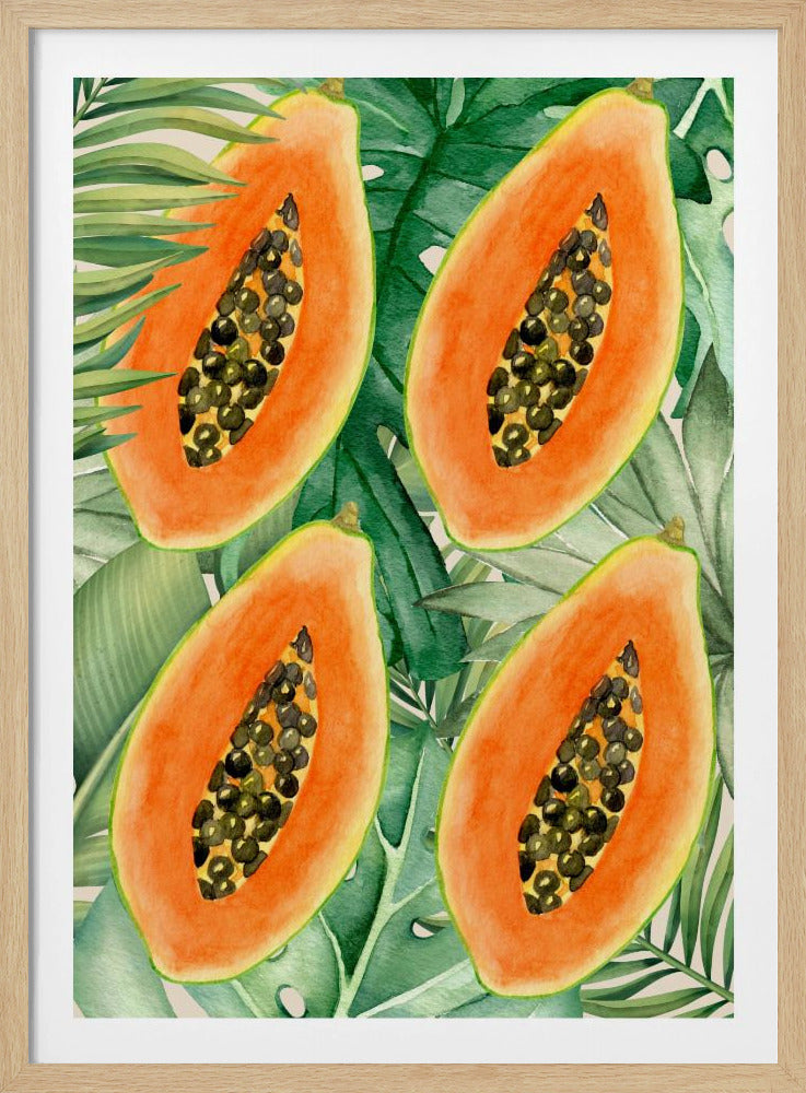 Exotische papaja en weelderige groene bladeren esthetisch patroon - Tropische botanische aquarel | Poster