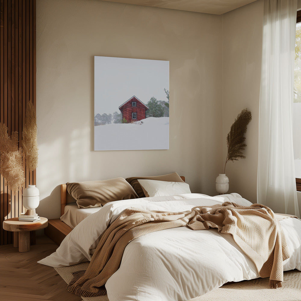 Oud rood huis tijdens sneeuwstorm | Canvas