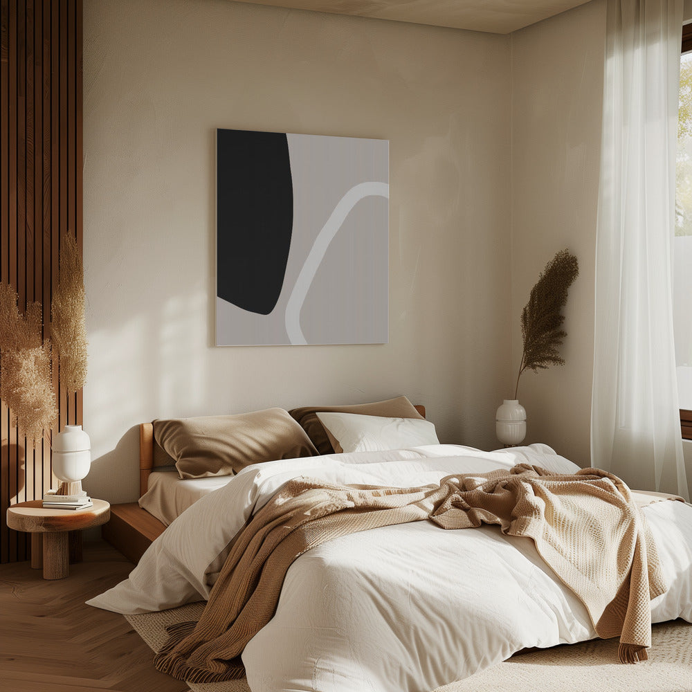 Stoere zwarte vormen en een witte lijn | Canvas