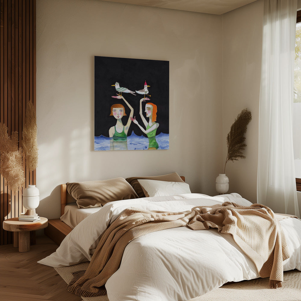 Beste vrienden zwemmen met vogels | Canvas