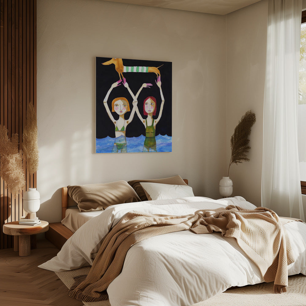 Zwemmende meisjes met teckel | Canvas