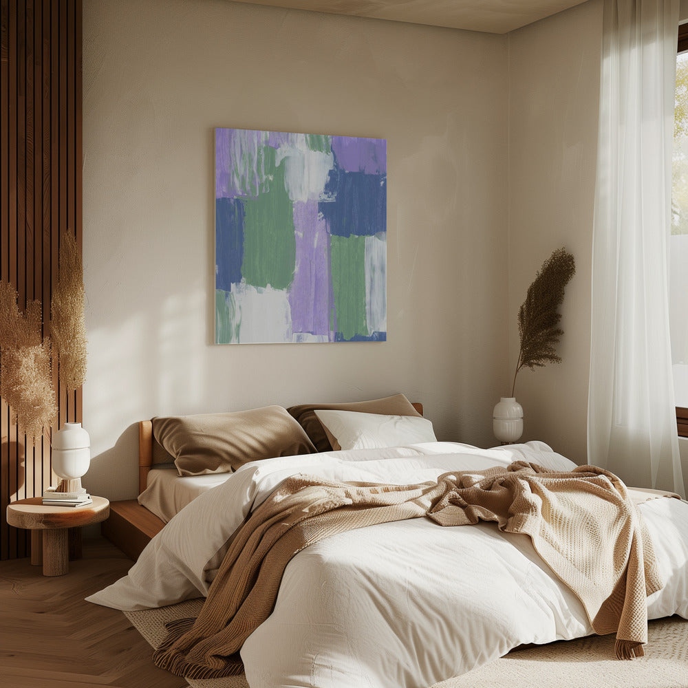 Gedurfde penseelstreken in lavendelgroene en blauwe tinten | Canvas