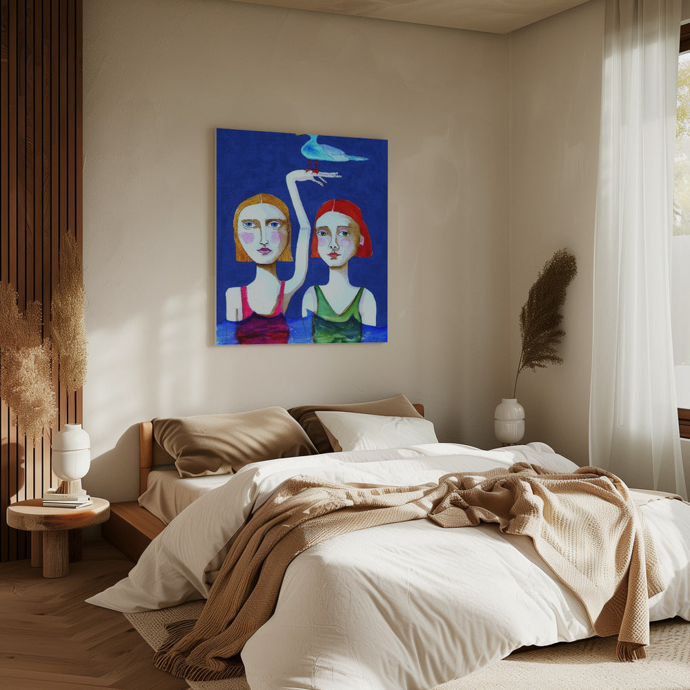 Zwemmende dames met blauwe vogel | Canvas