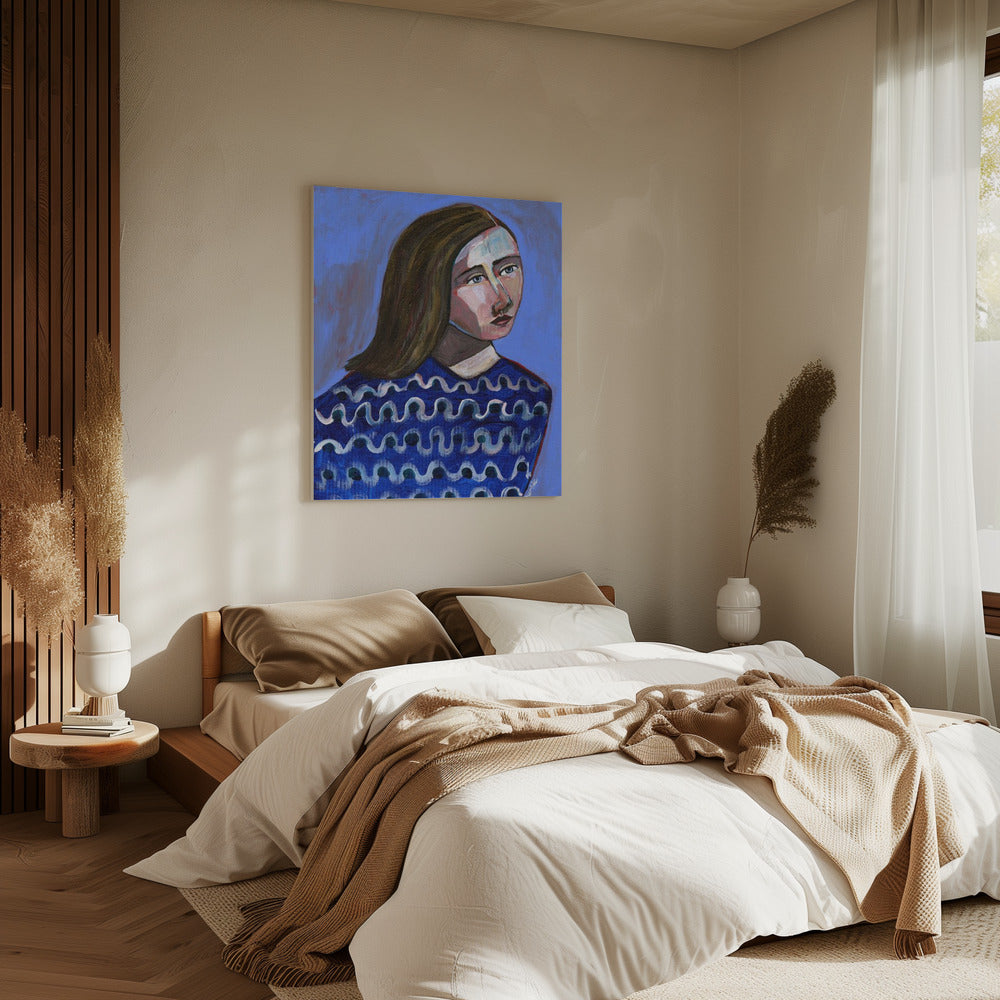 Vrouw in blauwe trui Naïef portret figuratief | Canvas