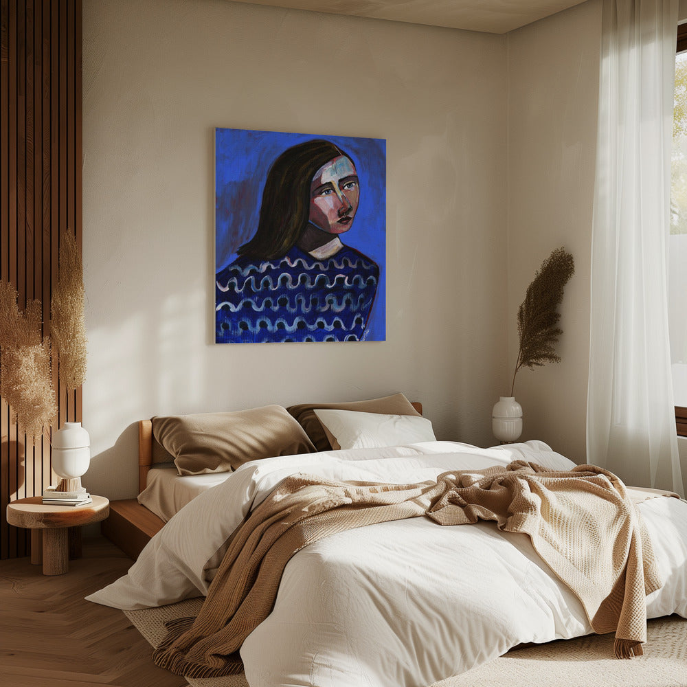 Vrouw in blauwe trui Naïef portret figuratief | Canvas