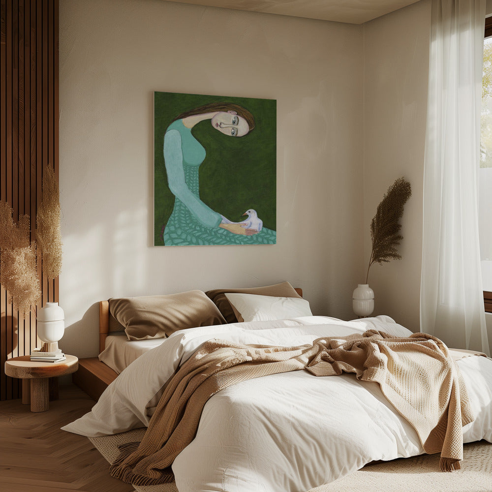 Dame zittend met witte duif vogel vrouw | Canvas