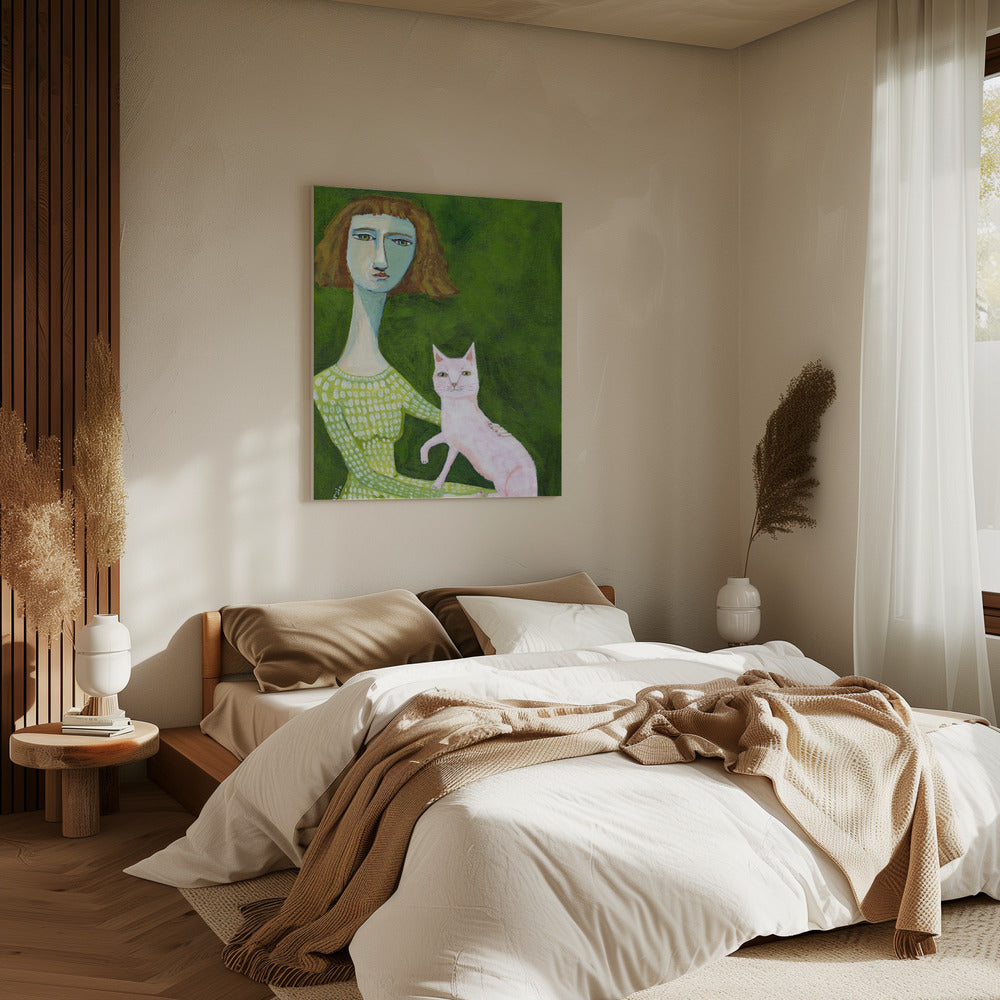 Kattenvrouw met roze kat | Canvas