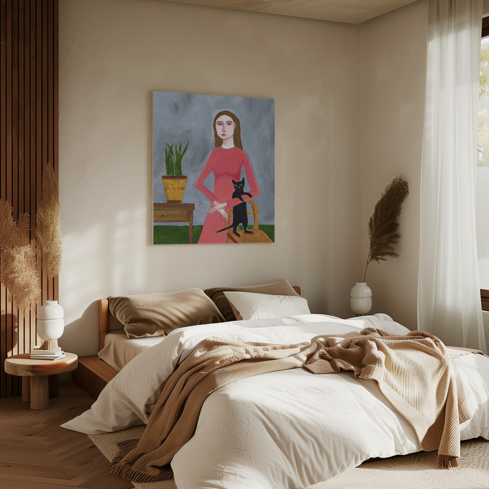 Kattenvrouw met zwarte kat | Canvas