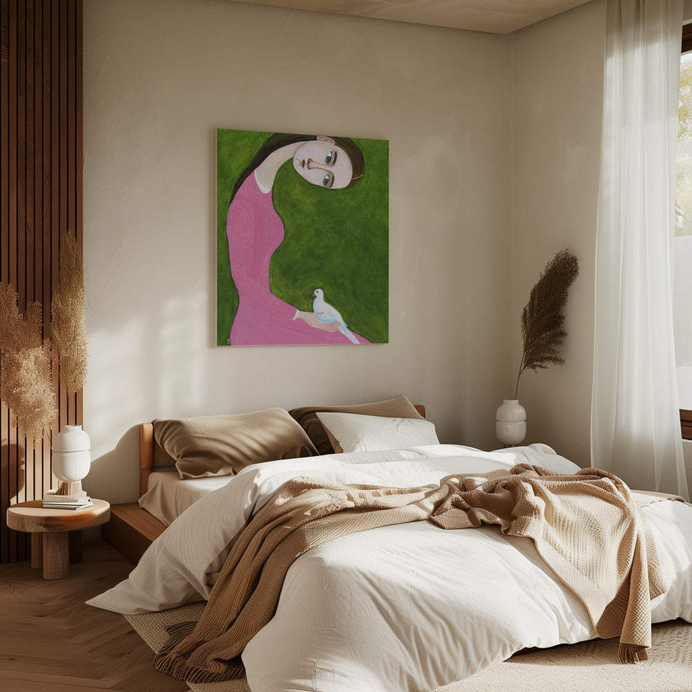 Meisje met duif zittend met roze jurk | Canvas
