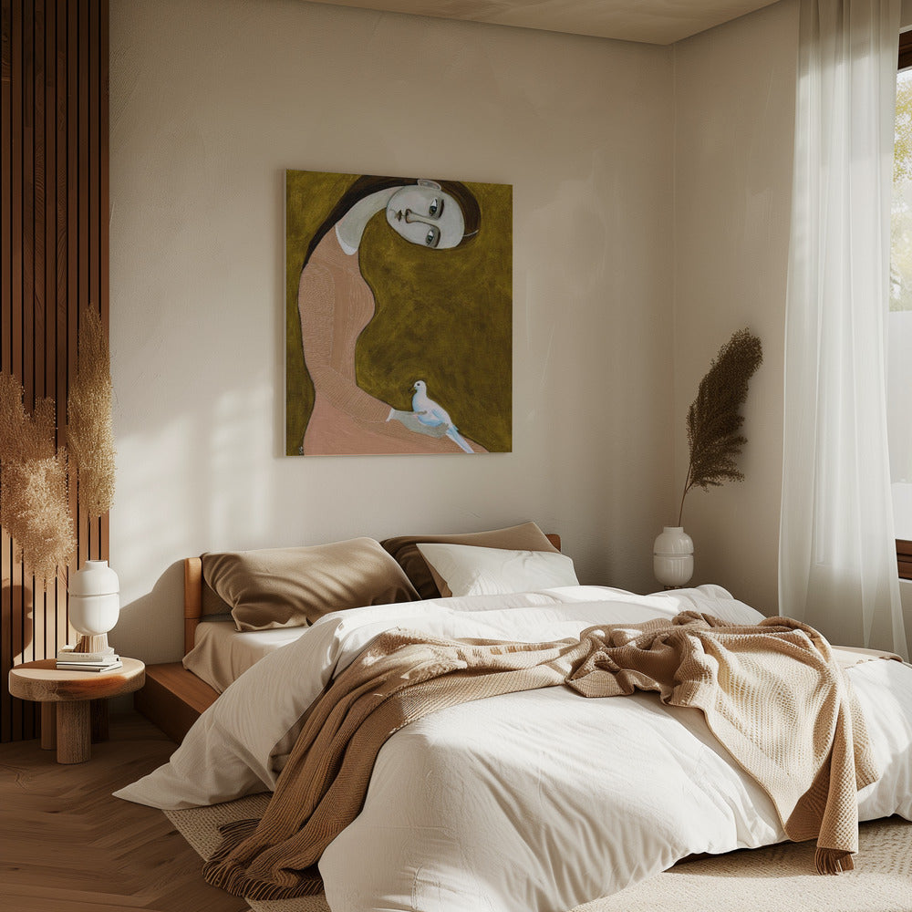 Meisje met duif zittend met roze jurk | Canvas