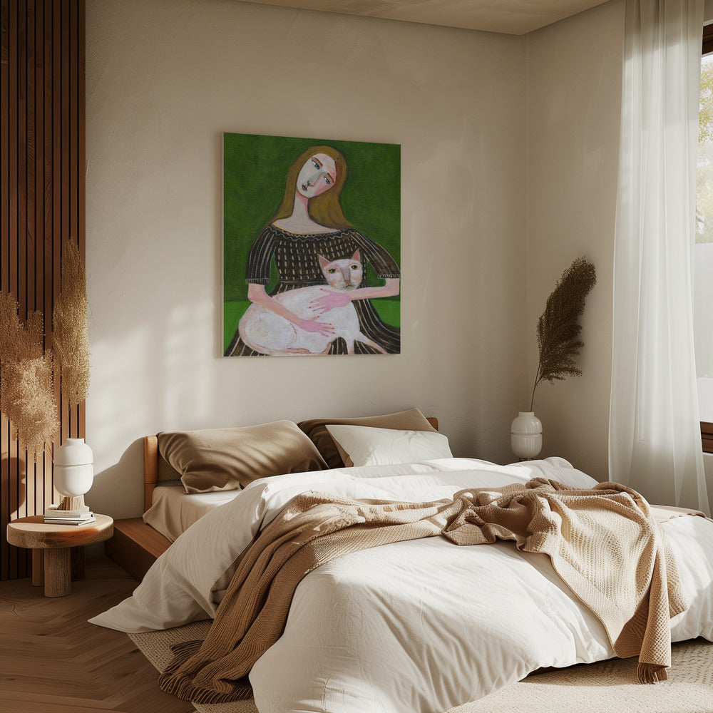 Vintage dame met witte kat | Canvas