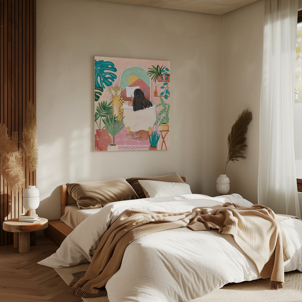 Woman taking bath in pink tropical bathroom | Canvas