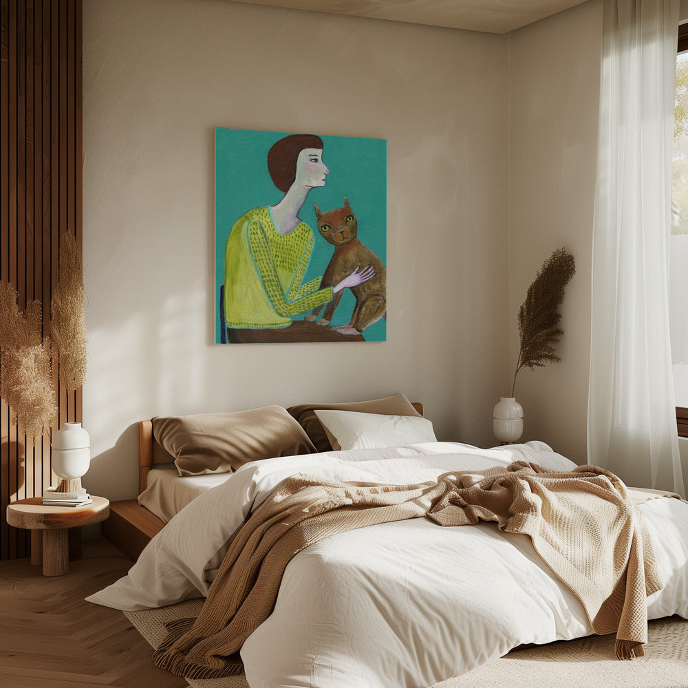 Dame zittend met bruine kat Kattenliefhebber | Canvas