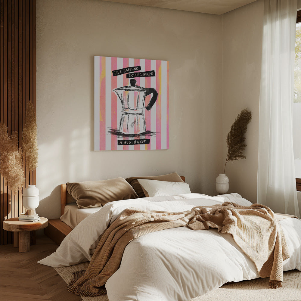 Mocca koffie op strepen - Knuffel in een kopje | Canvas
