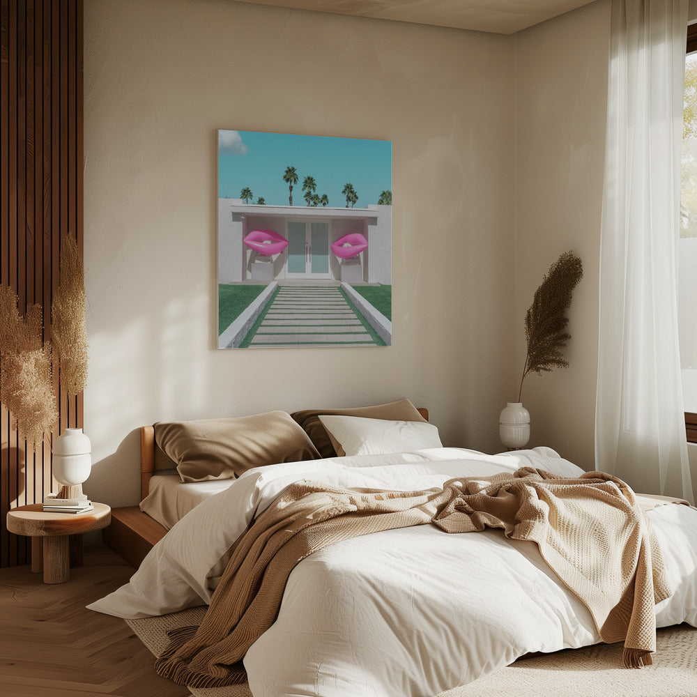 Mid-Century Modern Huis met Roze Lippen | Canvas