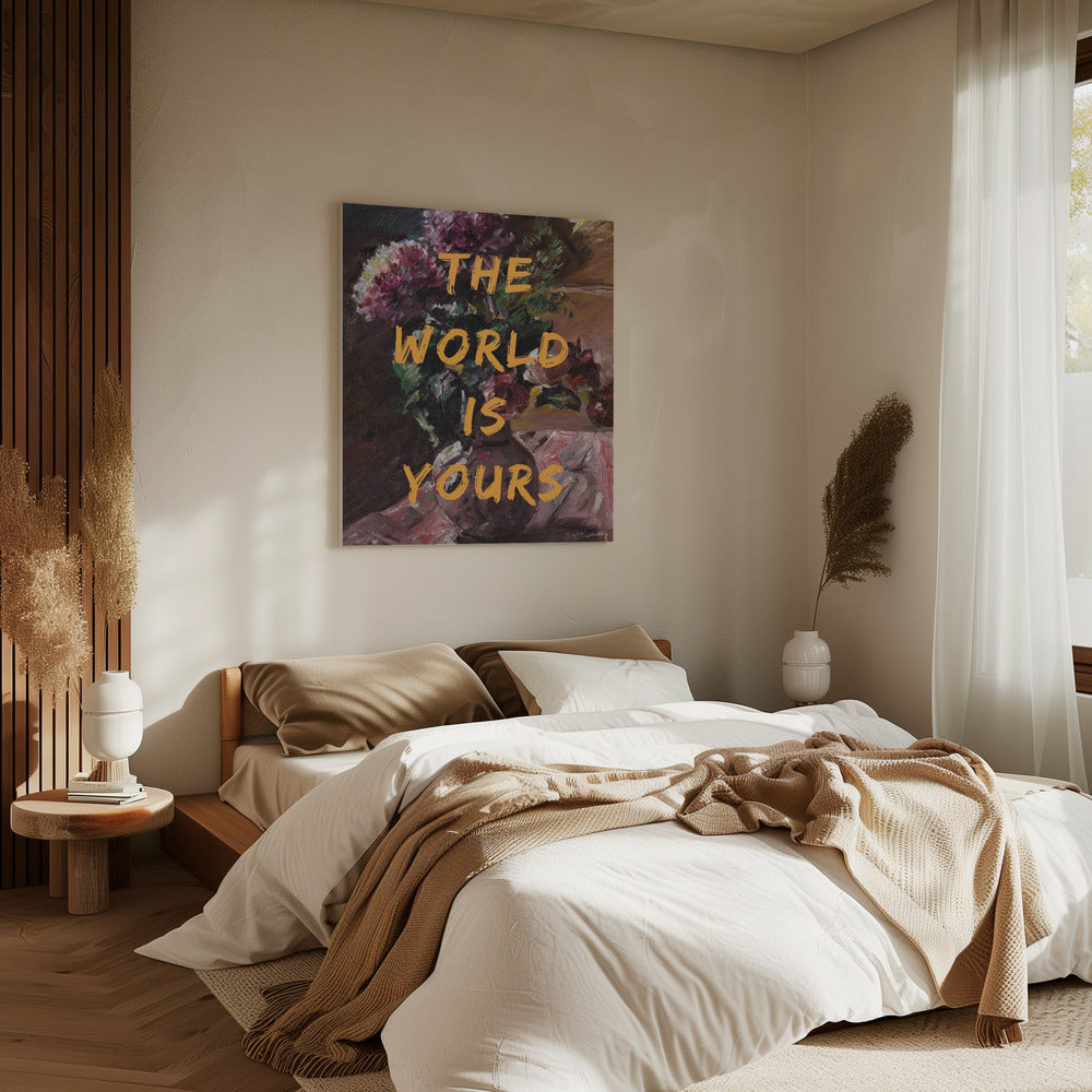 De wereld is van jou, bloemen en tekst | Canvas