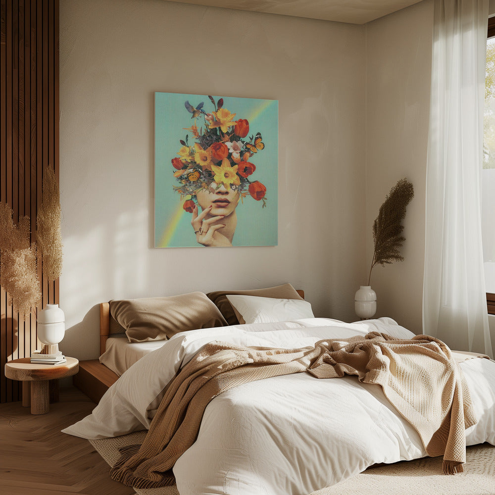 Baby in bloei - Regenboog, bloemen, vogels en vlinders | Canvas