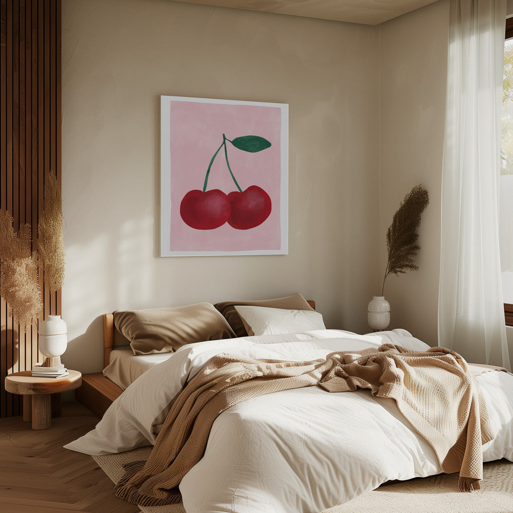 Rode kersen met een groen blad | Canvas