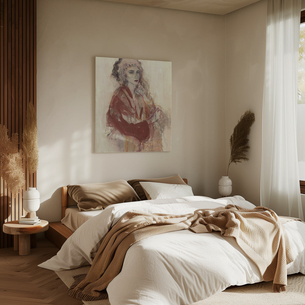 Contemplative Woman In Warm Red Tones | Canvas