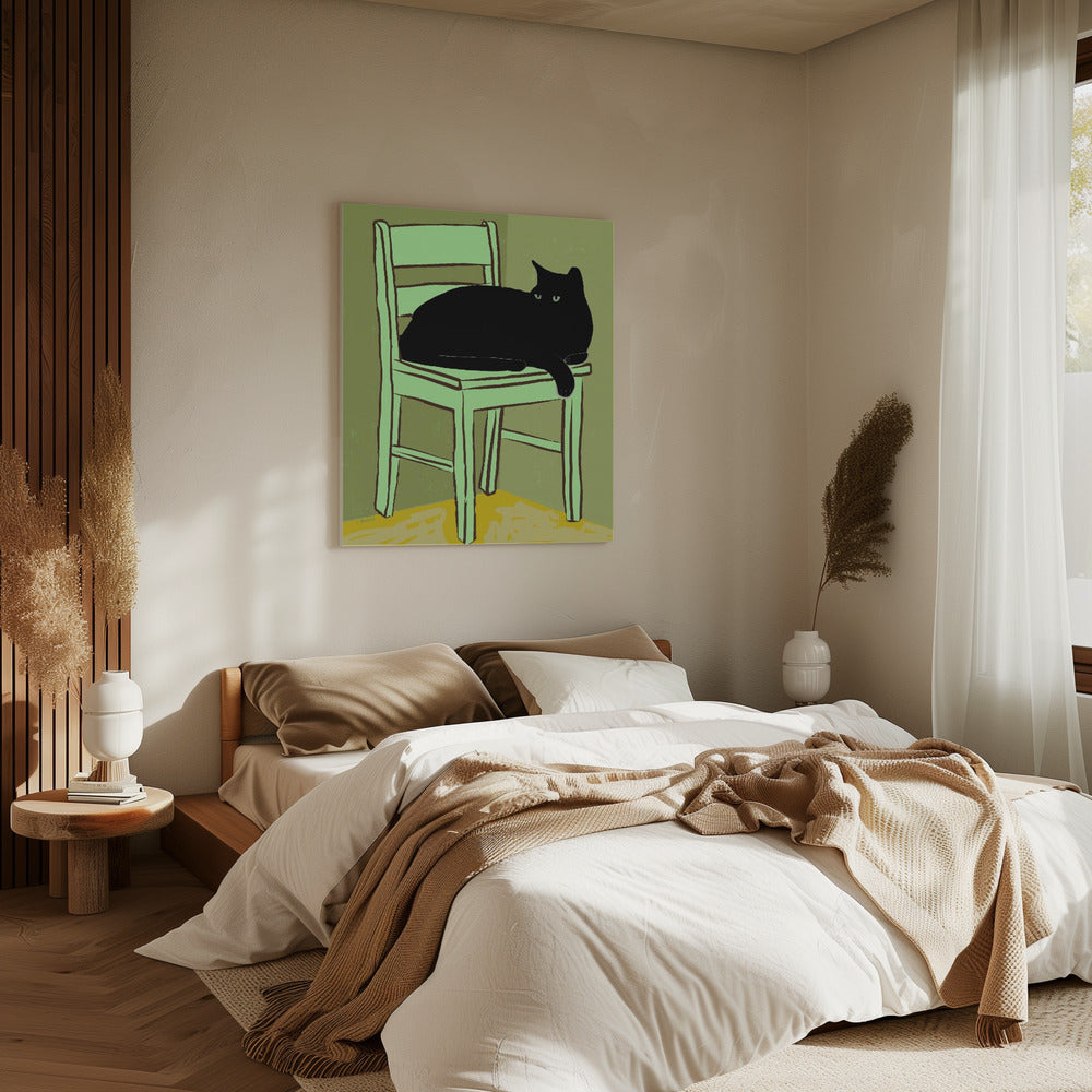Zwarte kat op stoel | Canvas