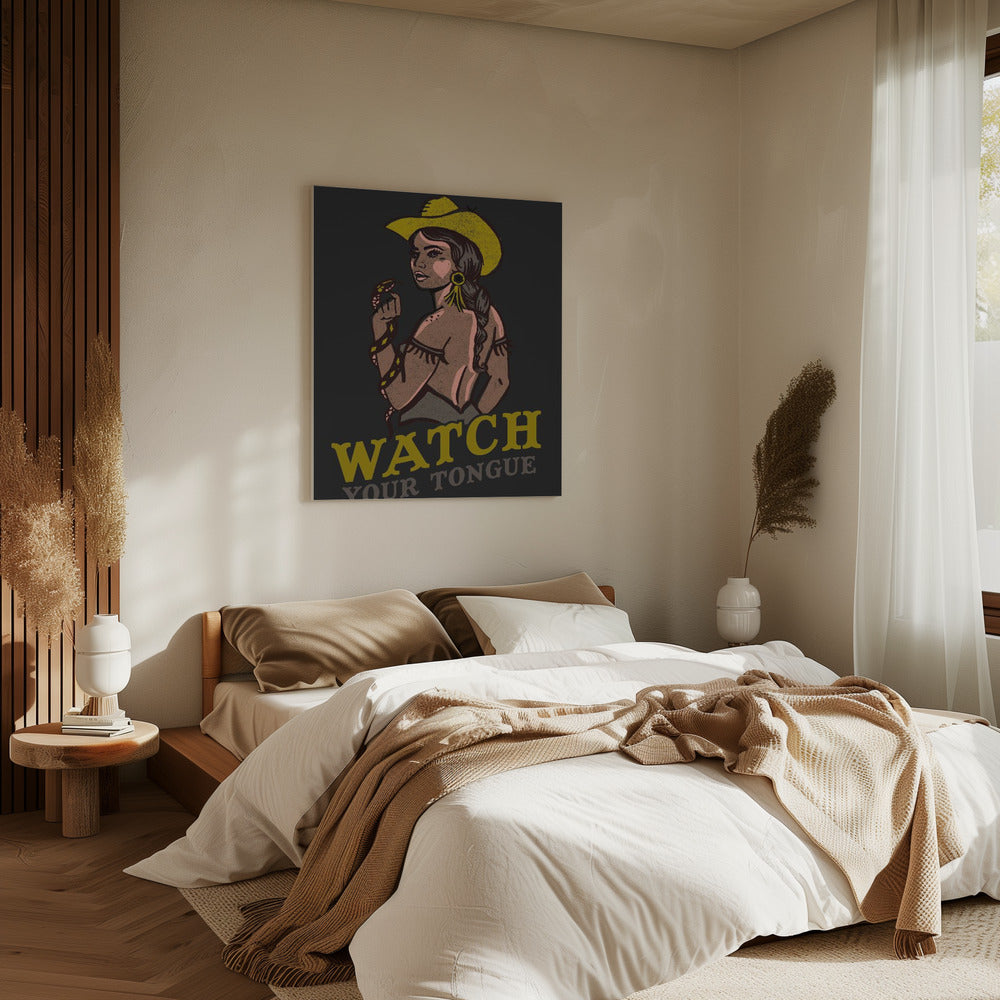 Watch Your Tongue Badass Pin-Up Cowgirl & Rattlesnake | Canvas