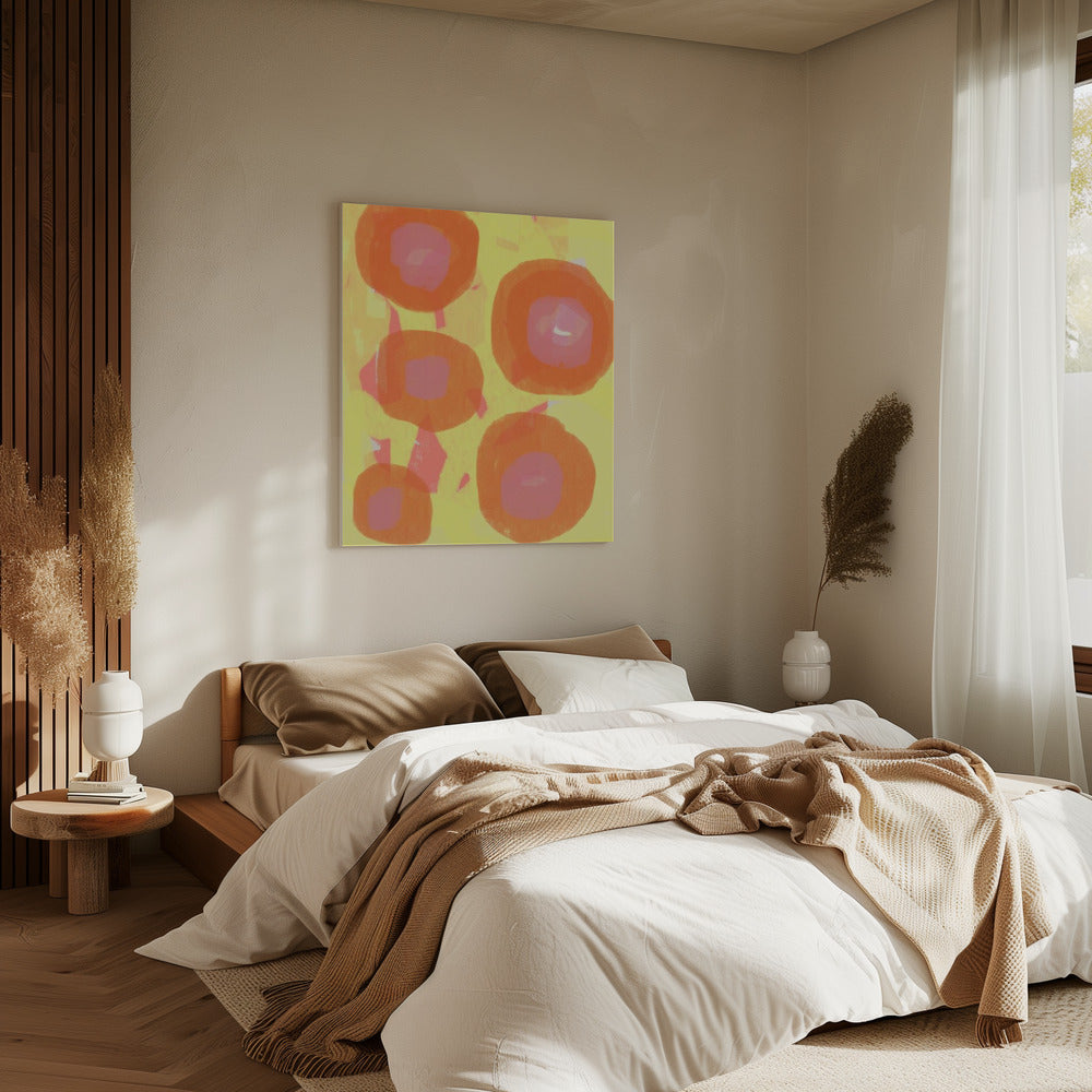 Abstract schilderij. Boho rozen in oranje en roze op geel. | Canvas
