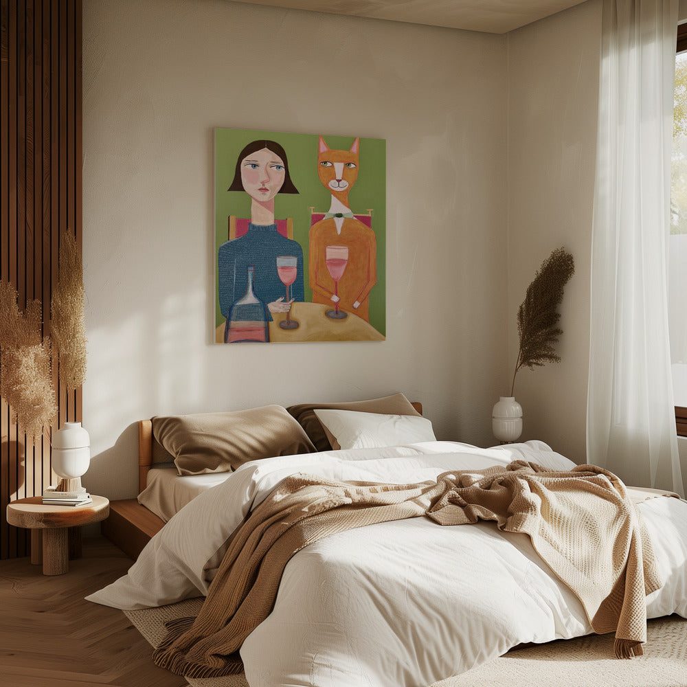 Dame en kat drinken wijn | Canvas