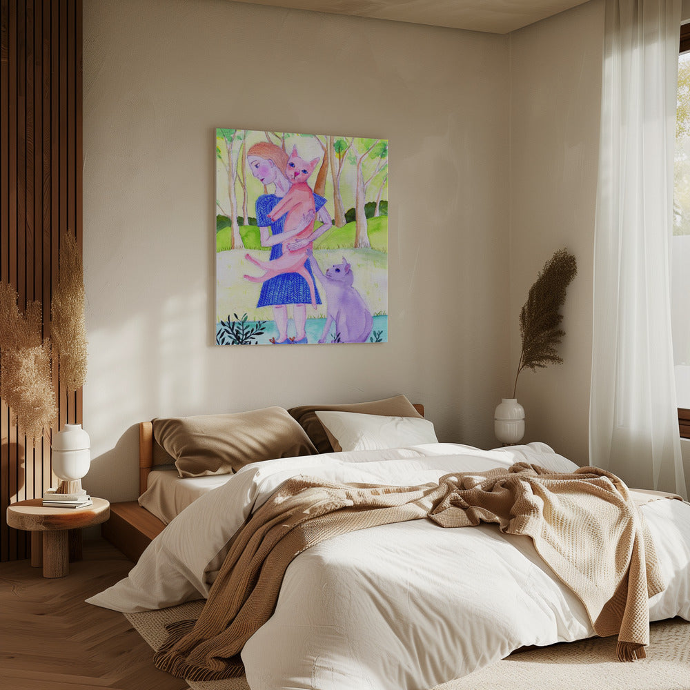 Dame met de roze en blauwe kat. | Canvas