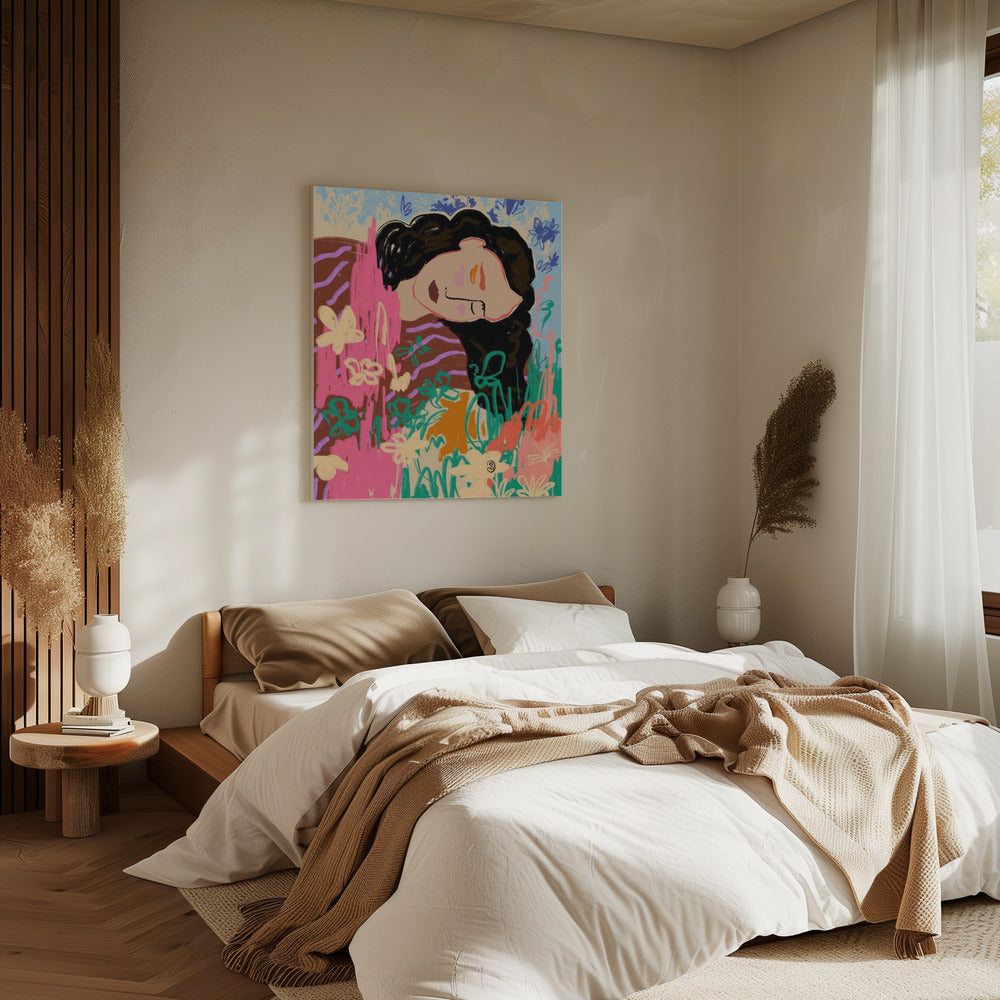 Expressieve figuur omringd door kleurrijke bloemen | Canvas