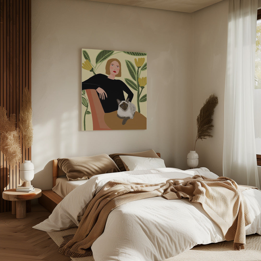 Dame met planten en kat | Canvas