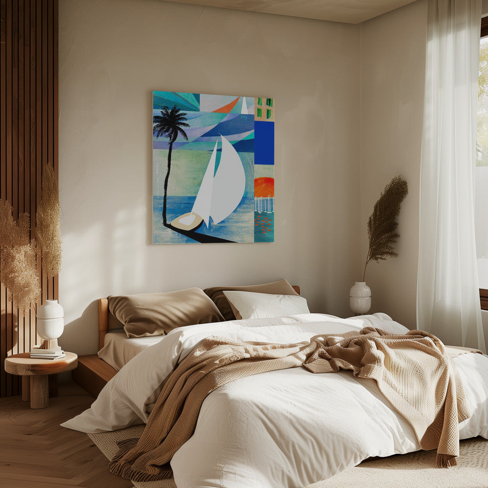 Kleurrijke mediterrane reiskunstprint met zonsopgang en palmboom | Canvas