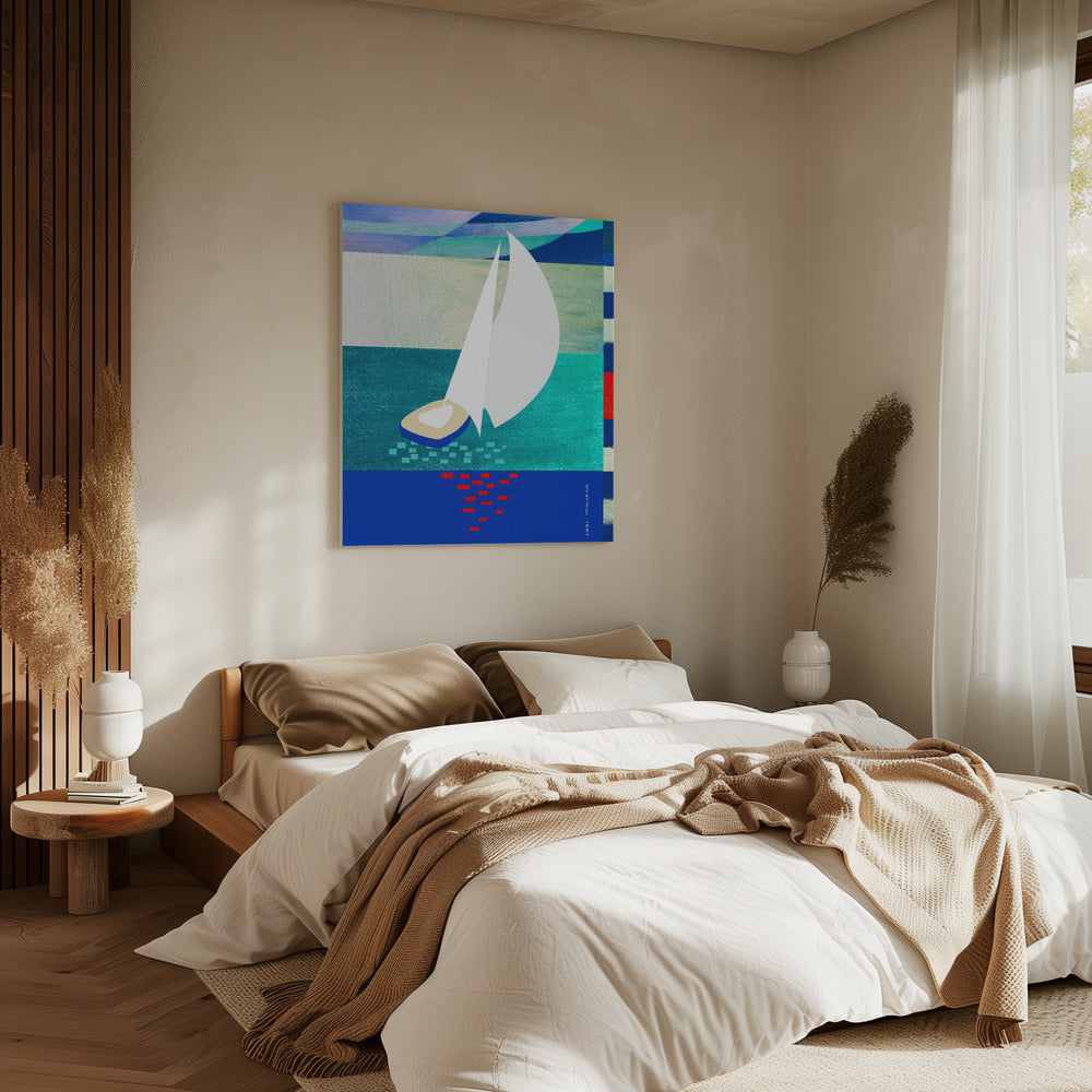 Witte zeilboot met reflecties, abstracte zeekunst met grafische strepen | Canvas