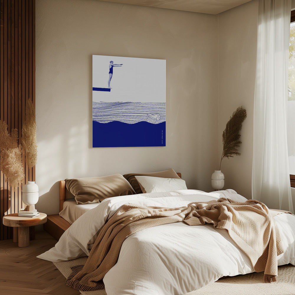 Moderne vintage strandmuurkunst, nautische kunstprint, vrouw zwemmend in abstracte zee | Canvas