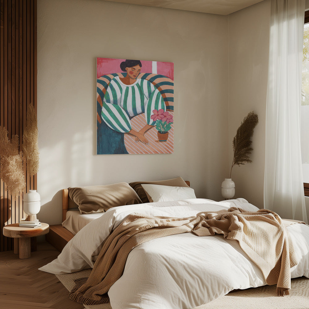 Vrouw in strepen in gedachten | Canvas