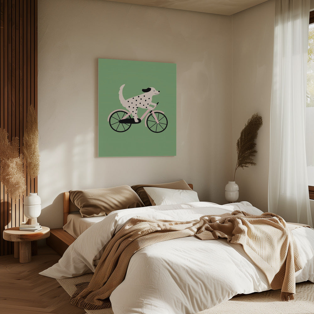 Gevlekte hond op de fiets | Canvas