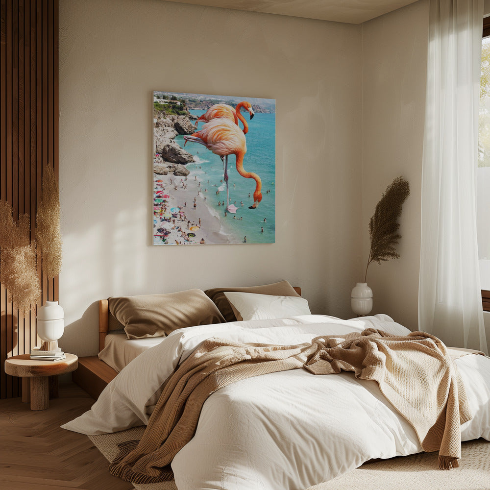 Flamingo's op het strand | Canvas