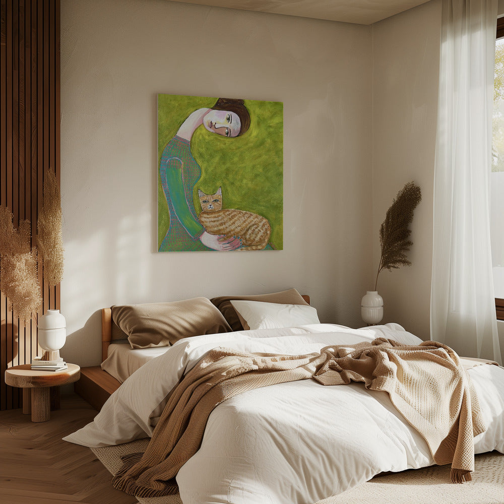 Bent Neck Lady met haar geliefde gemberkat. | Canvas