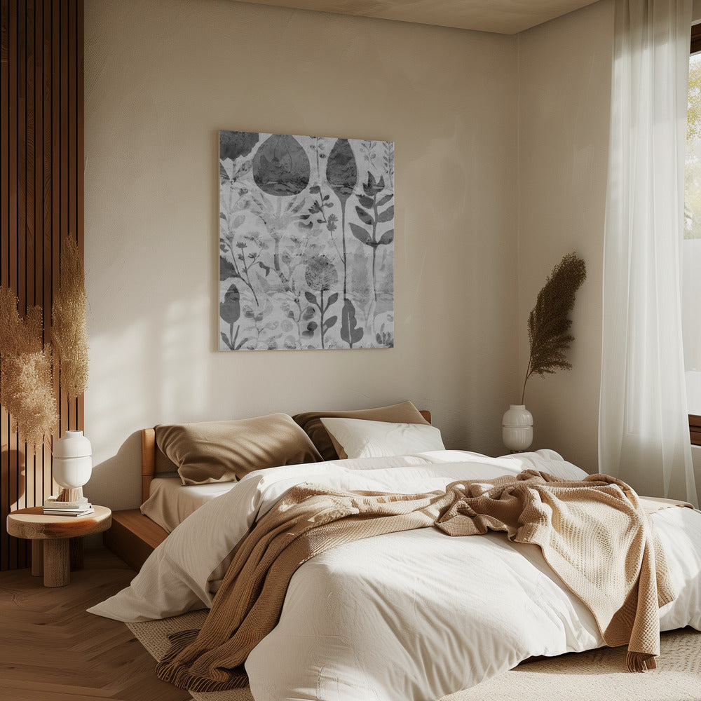 Bloemensilhouetten in grijstinten | Canvas