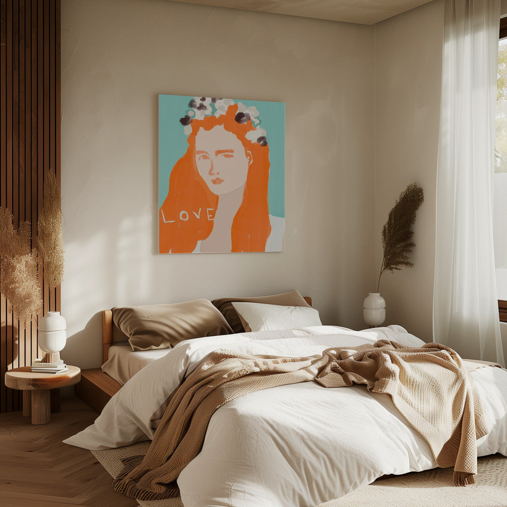 Vrouw met oranje haar versierd met bloemen | Canvas