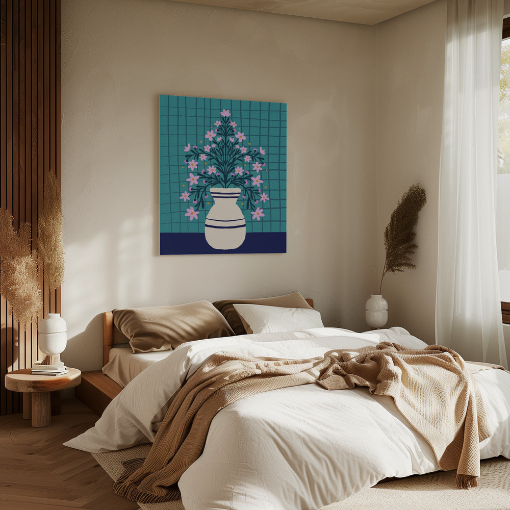 Turquoise bloemen in een vaas | Canvas