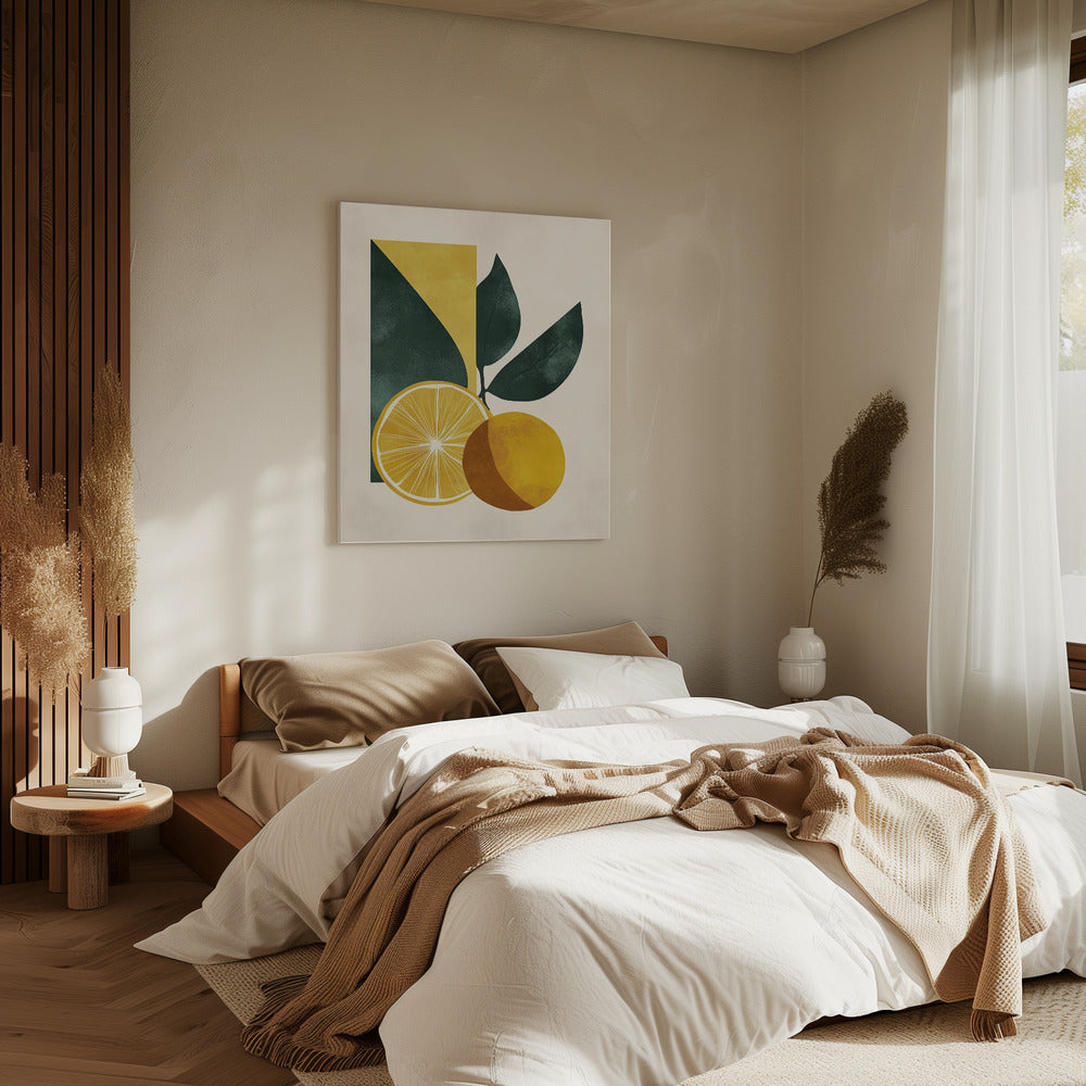 Gele citroen met groene bladeren Sereniteit | Canvas