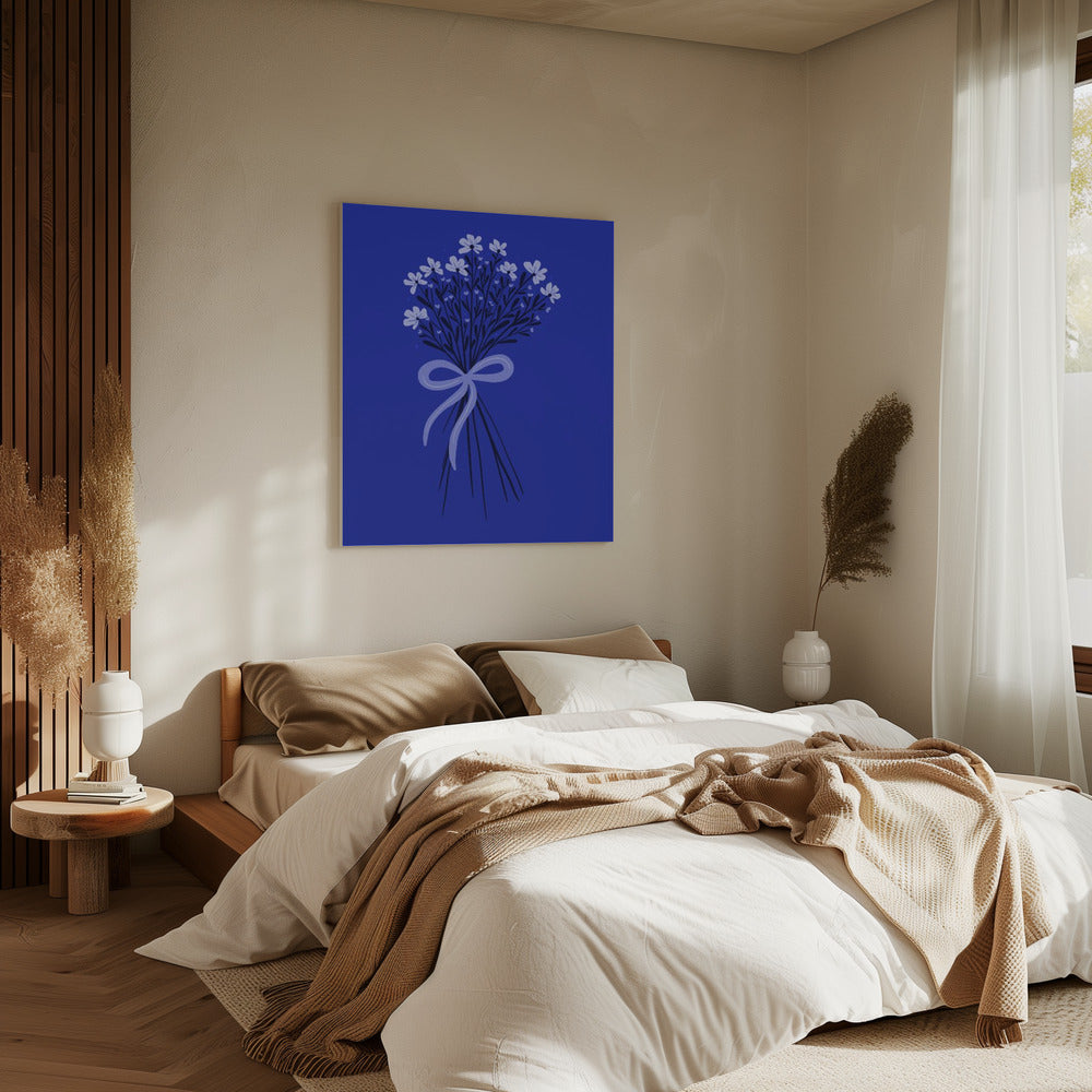 Bloemenboeket met strik - monochroom blauw | Canvas