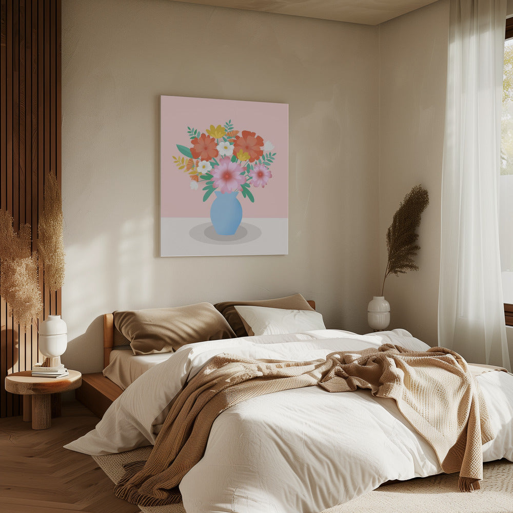 Levendig boeket bloemen in een blauwe vaas | Canvas