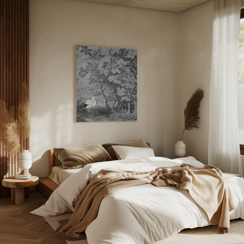 Vintage landschap met ooievaar | Canvas