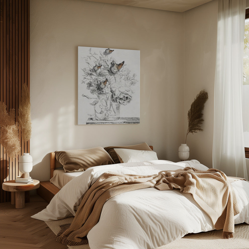 De vlinders en de vaas met bloemen | Canvas